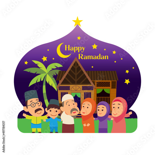 Happy Ramadan celebration cartoon Muslim family in malay village with coconut tree night life scene background