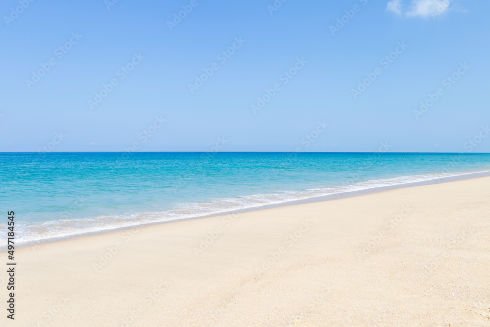 Summer beach background, outdoor day light, empty clean fine sandy beach, tropical island