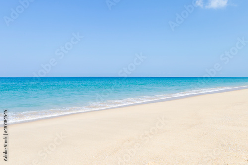 Summer beach background, outdoor day light, empty clean fine sandy beach, tropical island