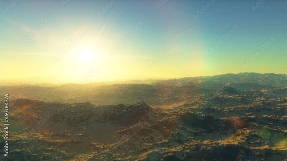 alien planet landscape sci fi spatial background, view from planet surface with spectacular sky, realistic digital illustration