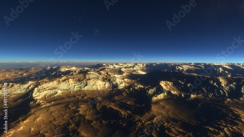 alien planet landscape sci fi spatial background  view from planet surface with spectacular sky  realistic digital illustration