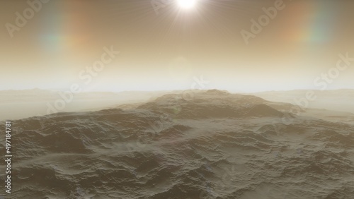 alien planet landscape sci fi spatial background, view from planet surface with spectacular sky, realistic digital illustration