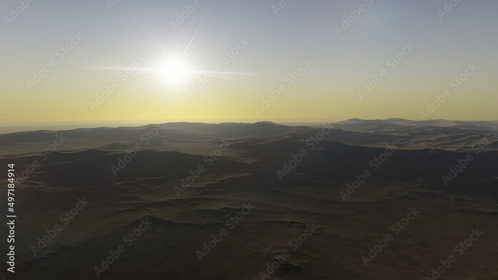 alien planet landscape sci fi spatial background, view from planet surface with spectacular sky, realistic digital illustration