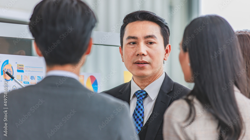 Asian happy male and female professional successful businessman and businesswoman colleagues partnership teamwork in formal business suit standing smiling look at post it note on glass board together Asian happy male and female professional successful businessman and businesswoman colleagues partnership teamwork in formal business suit standing smiling look at post it note on glass board together