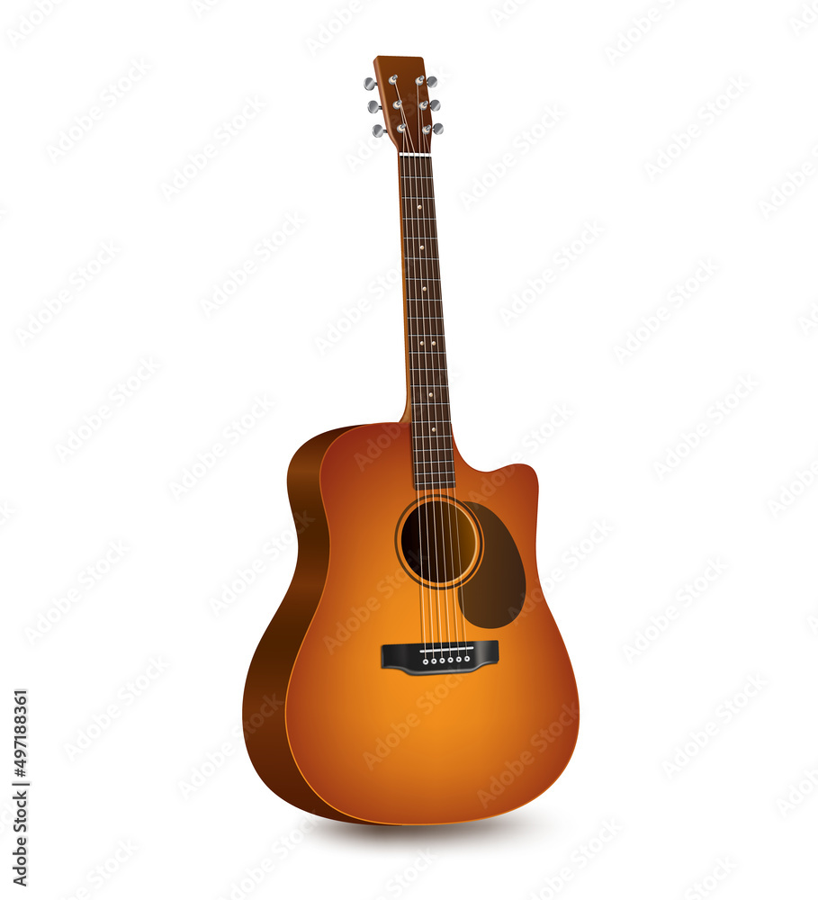 Obraz premium Acoustic guitar sunbird color ,dreadnought style and cutaway natural color isolated on white background for music concept desing,vector 3d virtual 