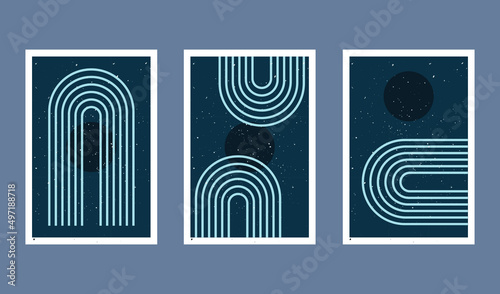 Set of three abstract art poster. Boho posters. Hand drawn various shapes and doodle objects. Contemporary modern trendy Vector illustrations. Every background is isolated