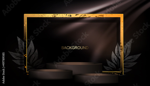 Rectangular frame in gold color with a scene, texture silhouette of leaves on a dark background