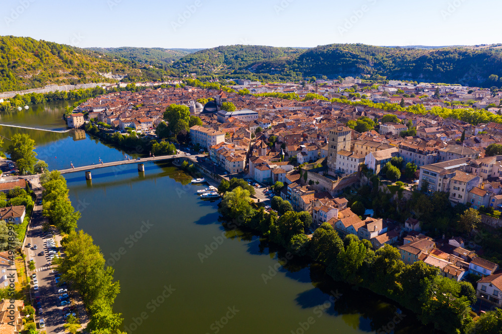 Scenic top view of the city Cahors and Lot river. Southern France