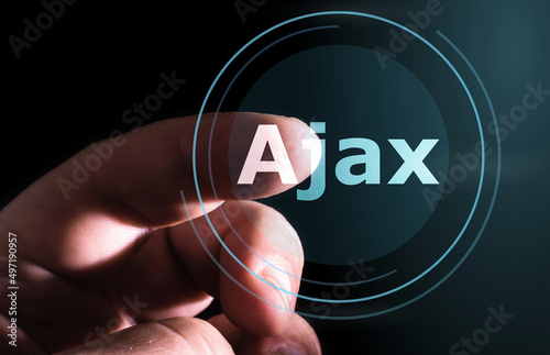 Hand pressing ajax button on virtual screen. ajax programming language.

