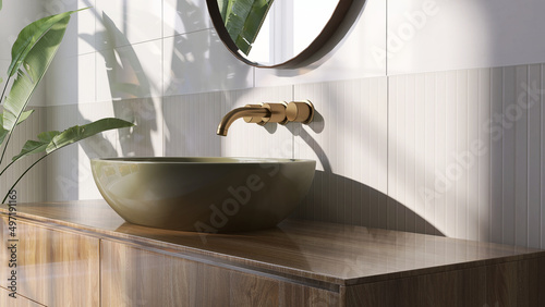 Perspective 3D render of spa like vanity unit with teal green ceramic wash basin  modern brass faucet on wooden countertop. Beautiful morning sunlight  Leaves shadow. Blank space for products display.