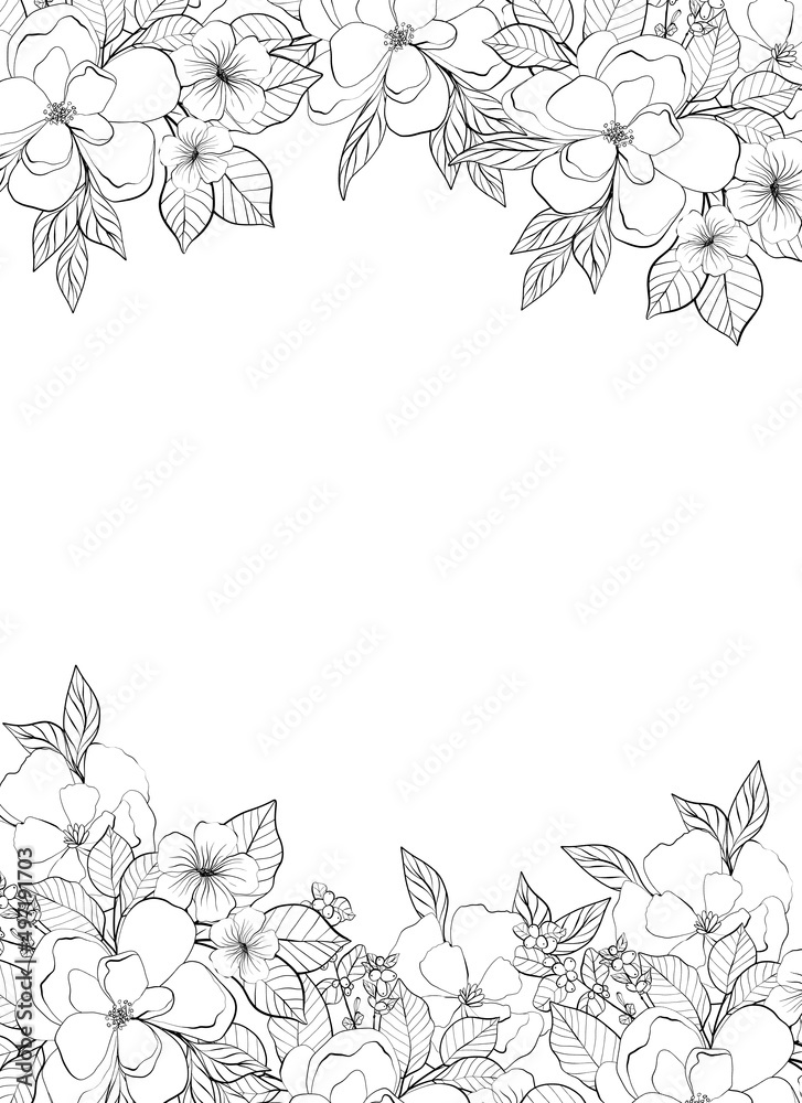 Fototapeta premium Floral frame. Greeting card design. Composition from botanical elements. Flowers and leaves in line art style.