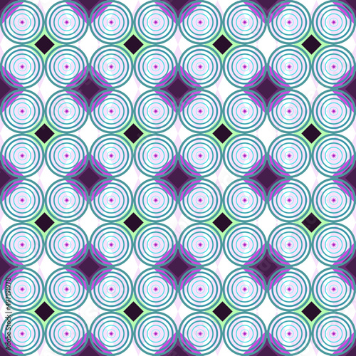 Various geometric designs are combined to produce new brightly colored patterns.