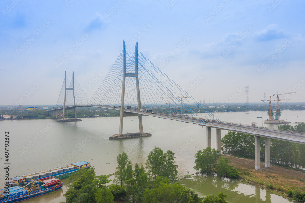 Aerial view of My Thuan bridge, cable-stayed bridge connecting the provinces of Tien Giang and Vinh Long, Vietnam