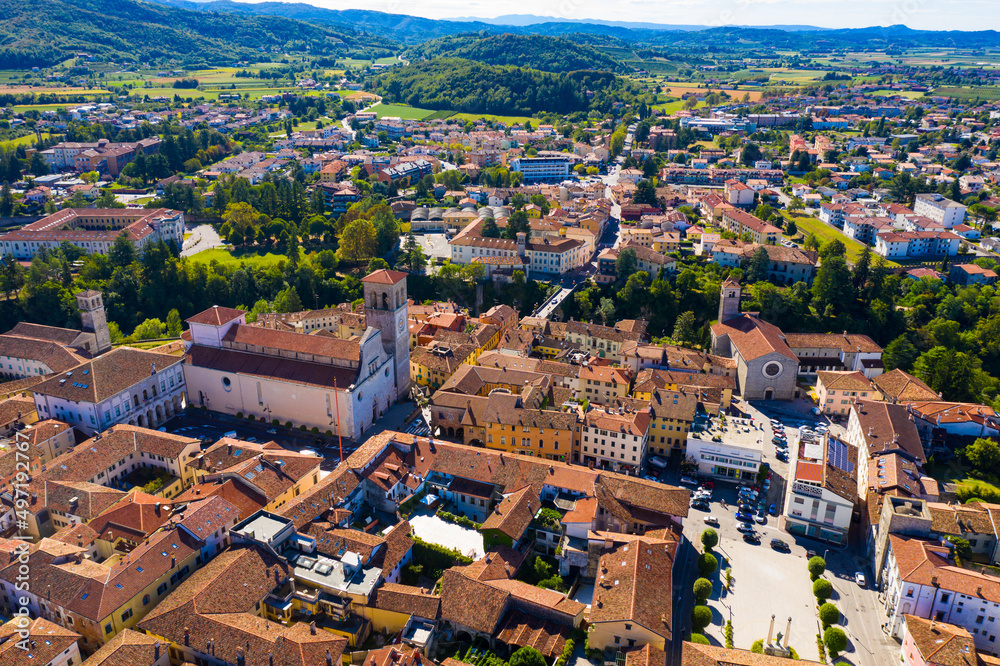 View from drone of historic centre of Italian township of Cividale del Friuli with Cathedral of Santa Maria 