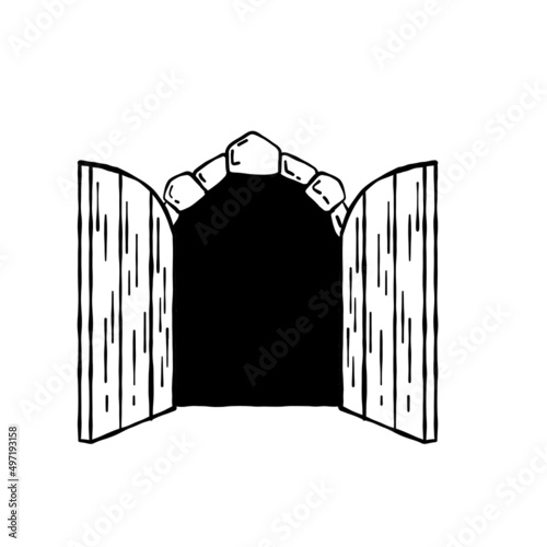Old wooden door of castle. Ancient entrance to fortress or house. Cartoon scenery. Gate to dungeon. Door with arch and doorway. Hand drawn outline illustration