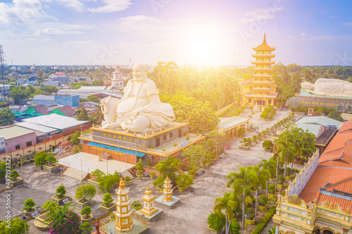 Aerial view of Vinh Trang pagoda. A historical - cultural monument that attracts visitors in My Tho, Tien Giang, Vietnam. Near Ben Tre. Mekong Delta photo