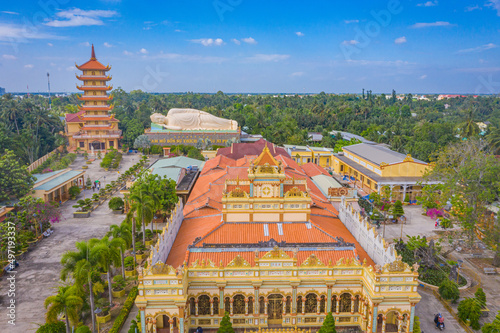 Aerial view of Vinh Trang pagoda. A historical - cultural monument that attracts visitors in My Tho  Tien Giang  Vietnam. Near Ben Tre. Mekong Delta