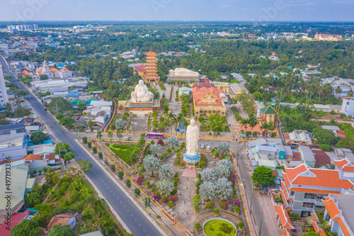 Aerial view of Vinh Trang pagoda. A historical - cultural monument that attracts visitors in My Tho, Tien Giang, Vietnam. Near Ben Tre. Mekong Delta © CravenA