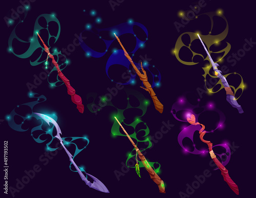 Magic wands, wizard or witch sticks with glowing colorful haze and sparkle trails, magician rods, cartoon elements for Rpg fantasy game, witch assets, fairytale staff or weapon vector illustration set