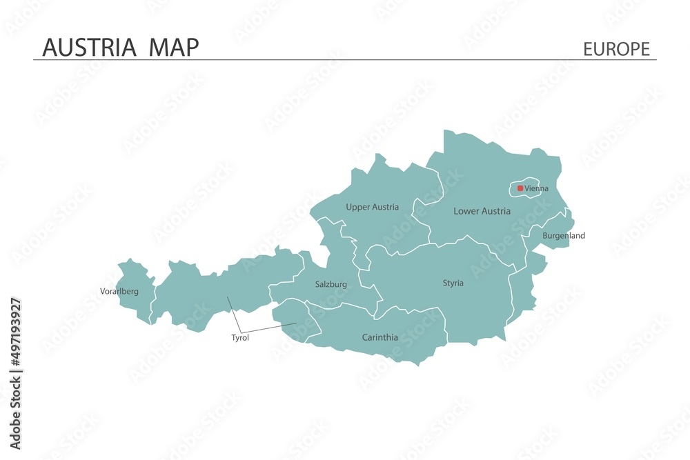 Austria map vector illustration on white background. Map have all province and mark the capital city of Austria.