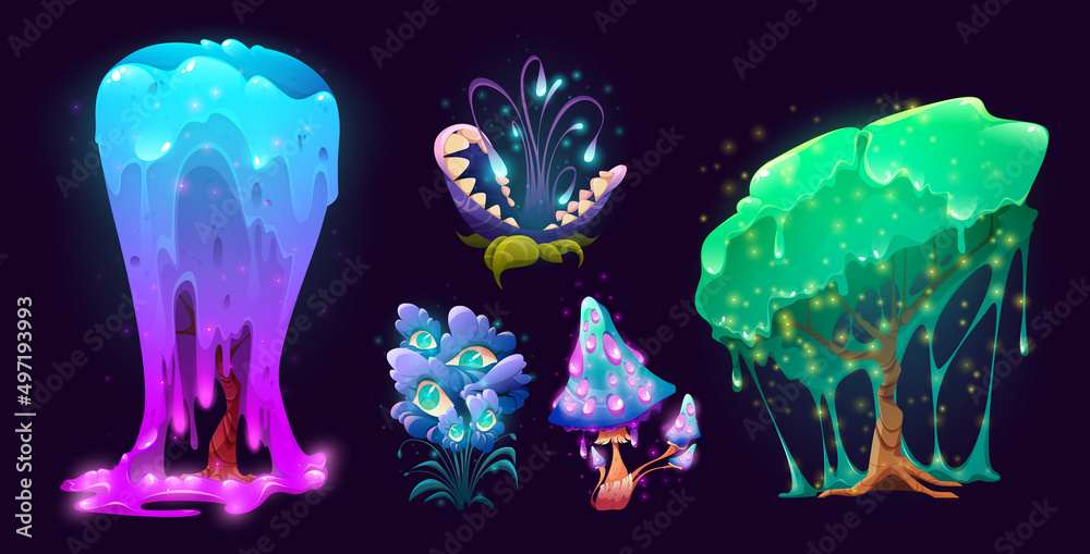 Fantasy creepy plants, trees with dripping slime, mushroom, flower monster with mouth and teeth and grass with eyes. Vector cartoon set of scary fantastic plants and fungus - obrazy, fototapety, plakaty 