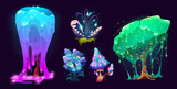 Fantasy creepy plants, trees with dripping slime, mushroom, flower monster with mouth and teeth and grass with eyes. Vector cartoon set of scary fantastic plants and fungus