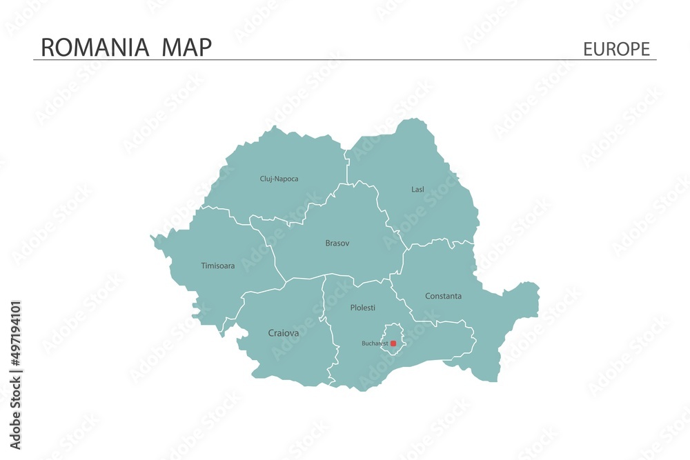 Fototapeta Romania map vector illustration on white background. Map have all province and mark the capital city of Romania.