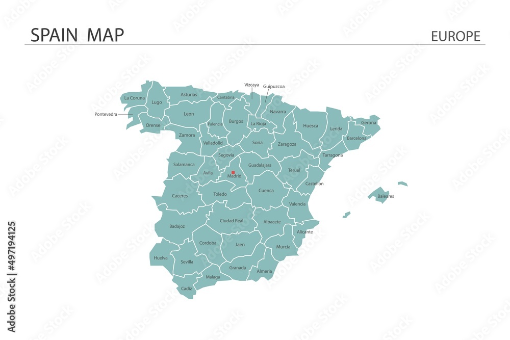 Naklejka premium Spain map vector illustration on white background. Map have all province and mark the capital city of Spain.