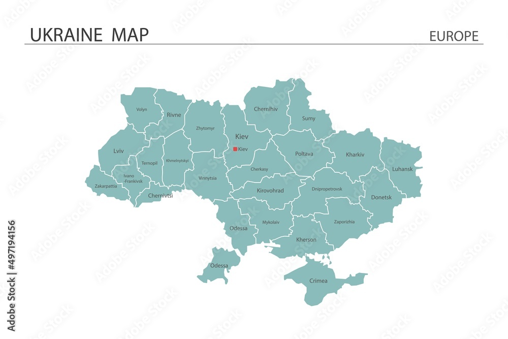 Ukraine map vector illustration on white background. Map have all province and mark the capital city of Ukraine.