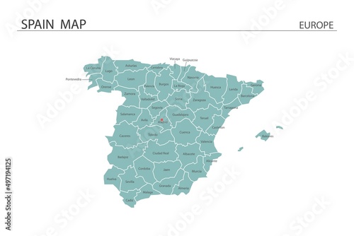 Spain map vector illustration on white background. Map have all province and mark the capital city of Spain. photo