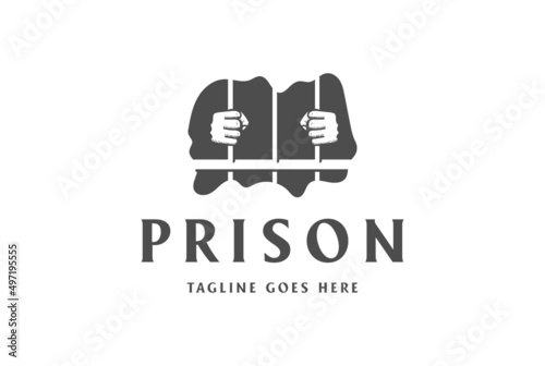 Vintage Retro Hand Hold Prison Jail Penitentiary Gaol Bars Logo Design Vector photo