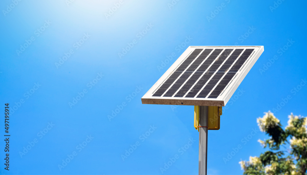 Obraz premium Photovoltaic panel, new technology for store and use the power from the nature with human life, sustainable energy and environmental friend concept.