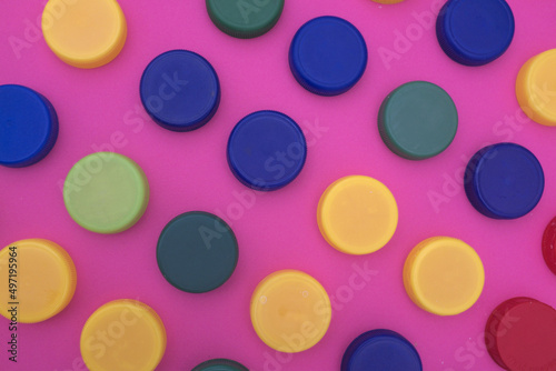 Colorful plastic caps. Studio shot. Plastic waste, art ... 