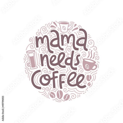 Mama needs coffee. Mommy lifestyle slogan in hand drawn style.