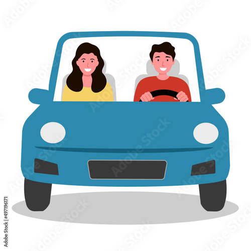 Man and woman in car driving front view in flat design on white background. Couple on road trip.