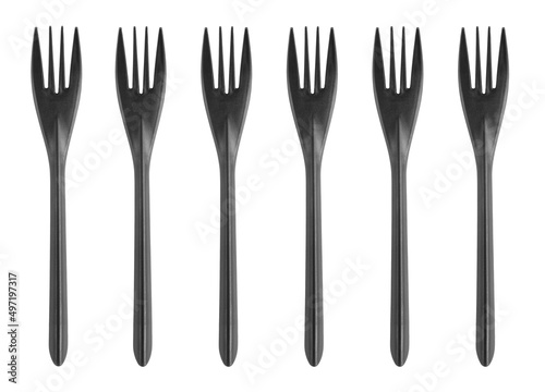 Black plastic fork isolated on white background. Disposable tableware set isolated with clipping path.