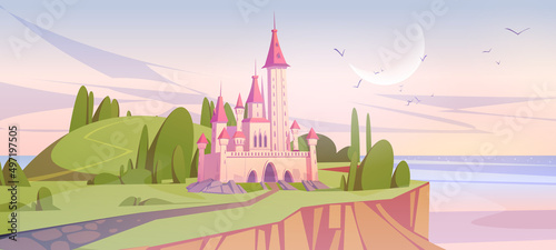 Pink magic castle on green sea cliff at early morning. Fairy tale palace with turrets and trees around. Scenery landscape with road lead to medieval fantasy fortress gates, Cartoon vector illustration