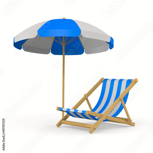 beach umbrella and deckchair on white background. Isolated 3D illustration