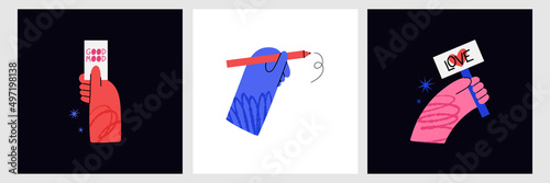 Hand hold card and pencil. Cartoon arms with pen and poster, good mood, positive thinking, creative prosess, inspirational motivational poster or print vector isolated set