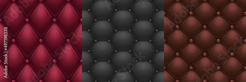 Leather texture, quilt sofa upholstery seamless background. Red, black and brown elegant buttoned fabric quilted with symmetric sewn buttons. luxury furniture trim samples, Realistic 3d vector set