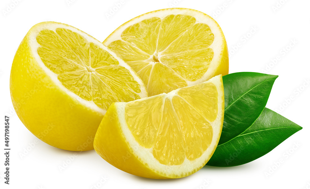 Isolated lemon half with leaf. Lemon fruit on white background with clipping path. As design element.