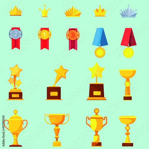 Trophies and awards illustrations flat vector color collections set