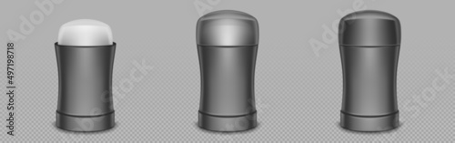 Deodorant stick bottle realistic mockup. Antiperspirant packaging design with closed and open lids. Empty tube templates, underarm care, protection, Realistic 3d vector illustration, isolated mock up