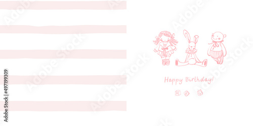Children's birthday card with hand-drawn toys. A seamless pattern of wide horizontal pink stripes on a white background. Cute baby style. Soft pink color. Stock vector illustration.