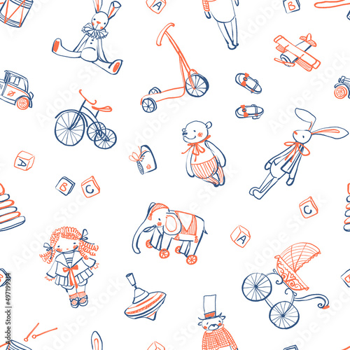Seamless pattern of hand-drawn vintage toys on a white background. Doll, teddy bear, rabbit, elephant, car, airplane, pyramid, stroller, scooter, bicycle. Cute baby style. Stock vector illustration.