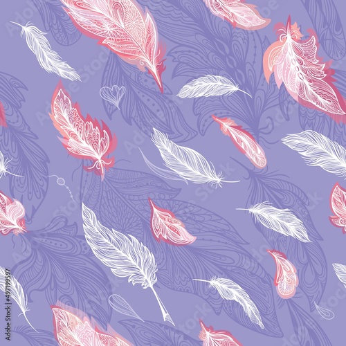 Romantic elegant sketch outline feather vector pattern