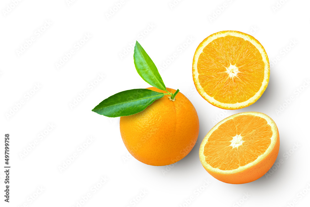 Orange fruit with green leaf and cut in half sliced isolated on white background, top view, flat lay. Orange fruit with green leaf and cut in half sliced isolated on white background, top view, flat lay.