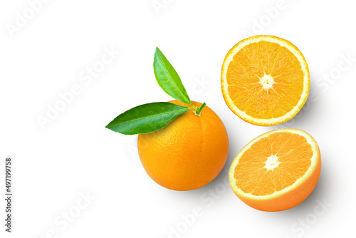 Orange fruit with green leaf and cut in half sliced isolated on white background  top view  flat lay.