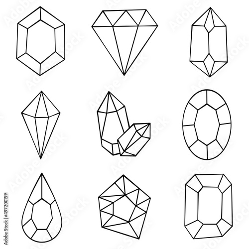 Black line Cartoon Crystals Gem. Vector illustration for decorate, coloring and any design.