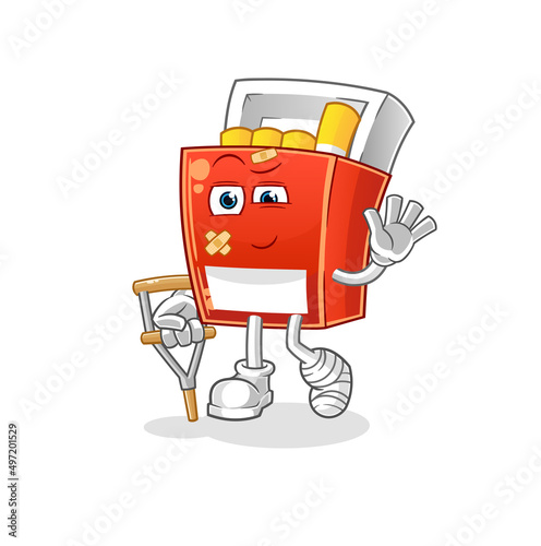 pack of cigarette sick with limping stick. cartoon mascot vector